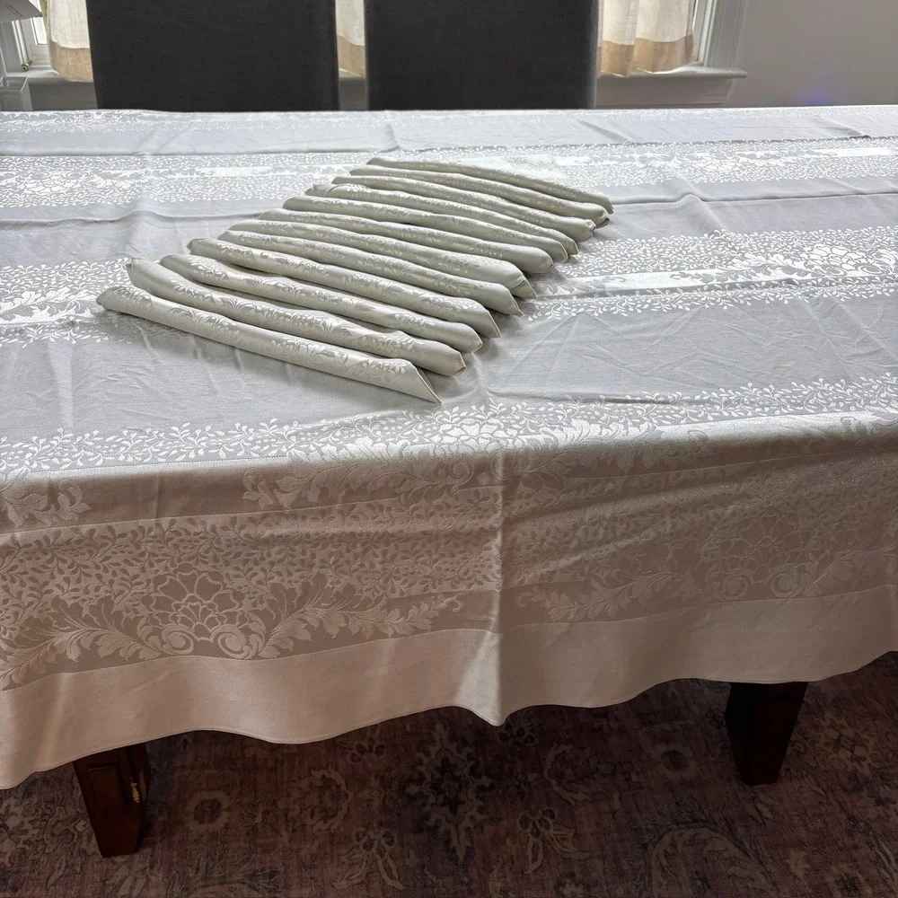 Silver Damask Tablecloth and 12 Matching Napkins Set Floral Jacquard Rectangular